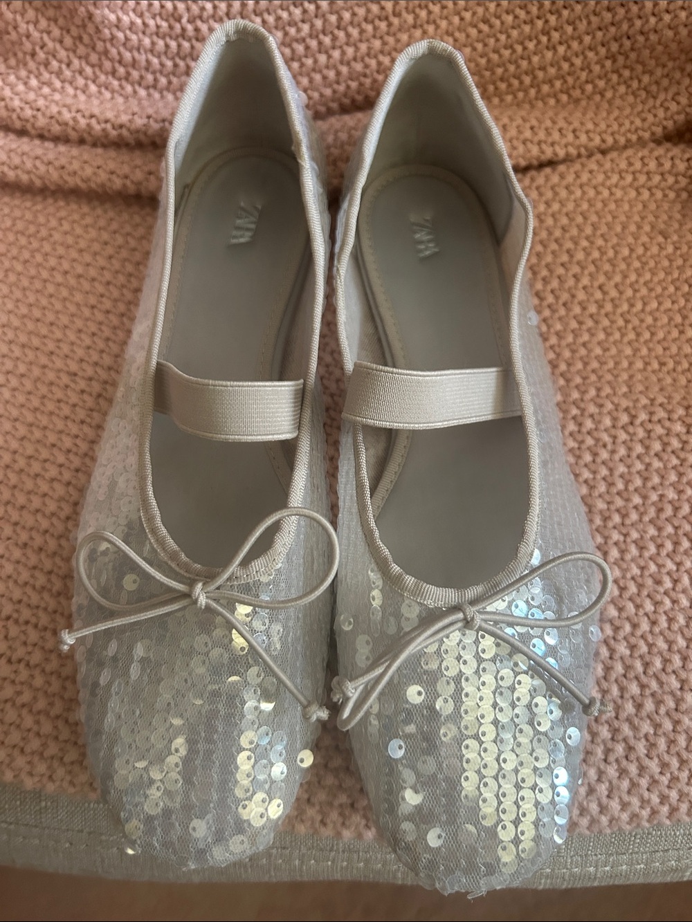 Zara Silver Sequin Mary Jane Flats with Bow